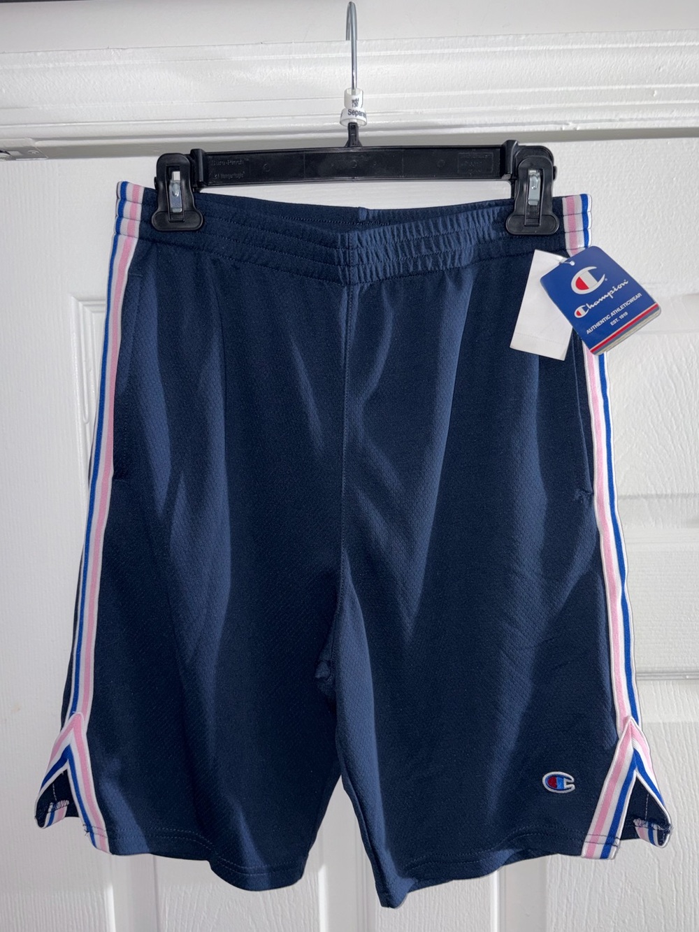Champion Navy Shorts with Pink & White Side Stripes